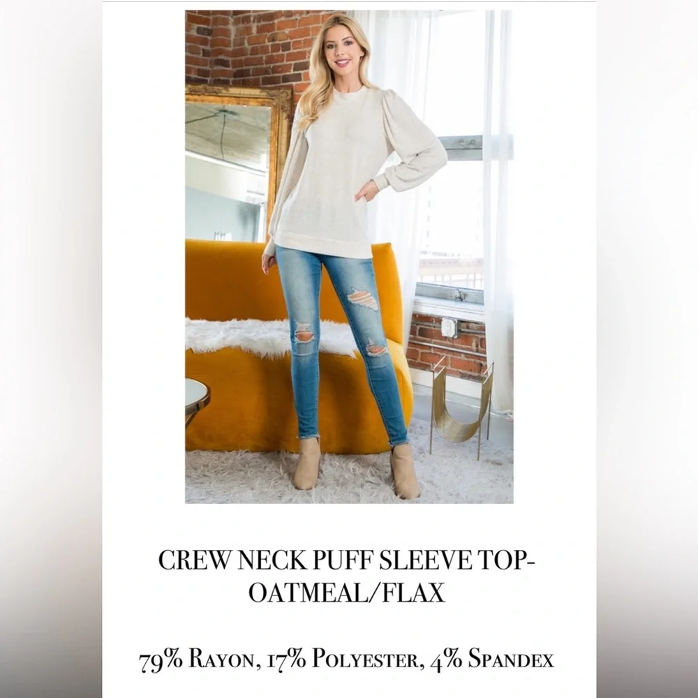 NEW- Crew Neck Puff Sleeve Top, Color: Oatmeal/Flax, Size: XL - Picture 8 of 16